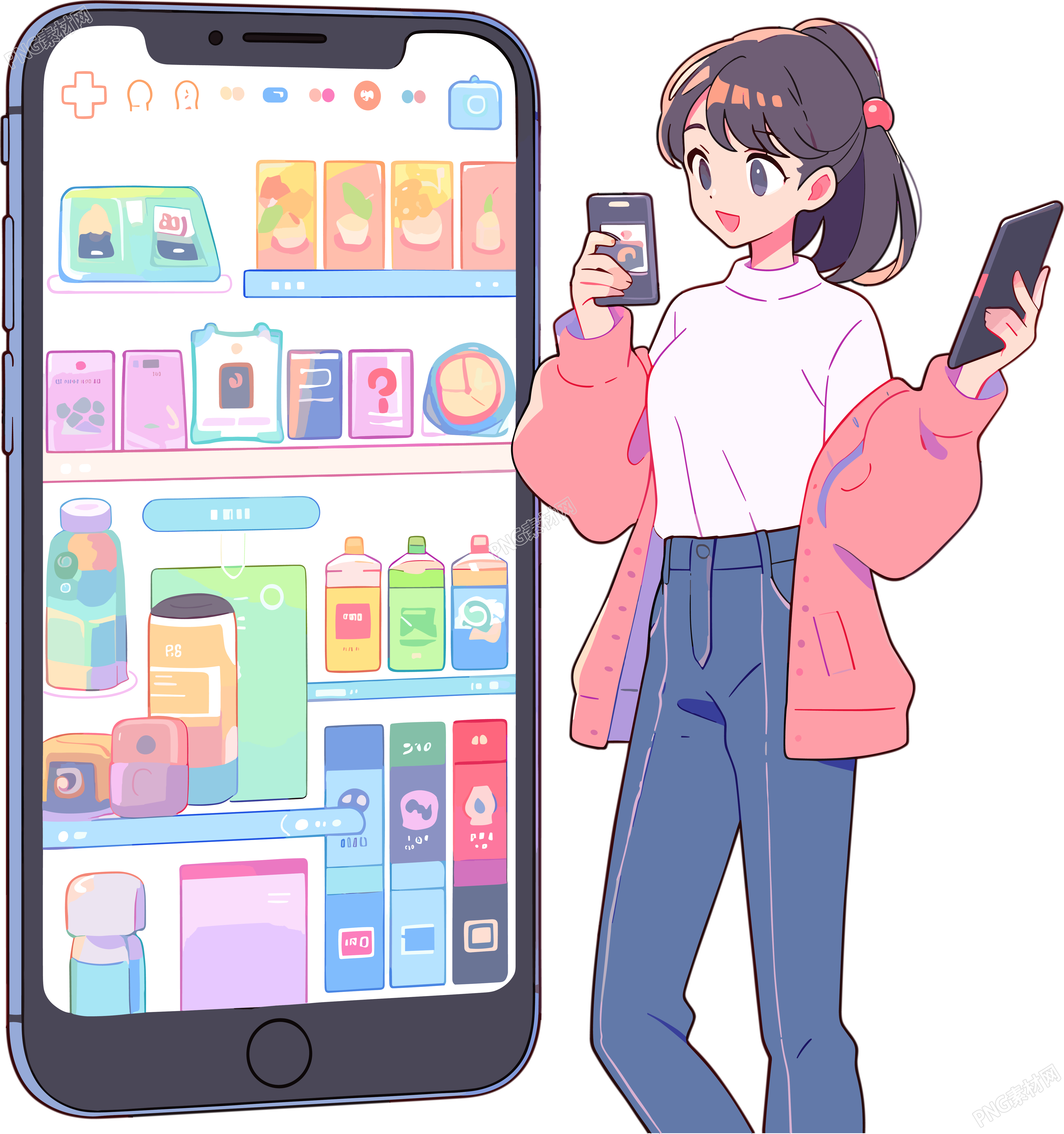 手机购物女孩彩色插画设计元素