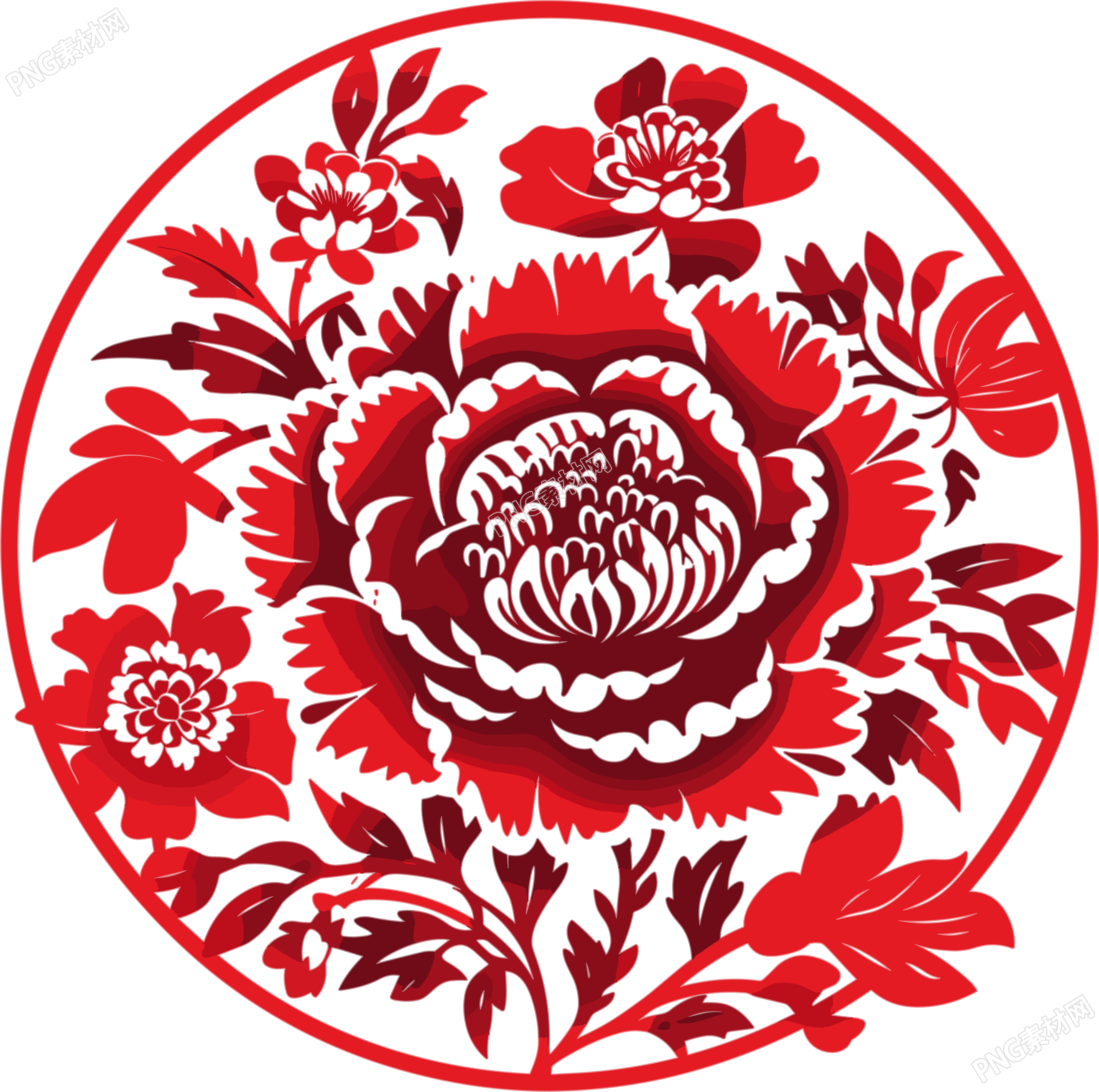 窗花剪纸红色牡丹插画