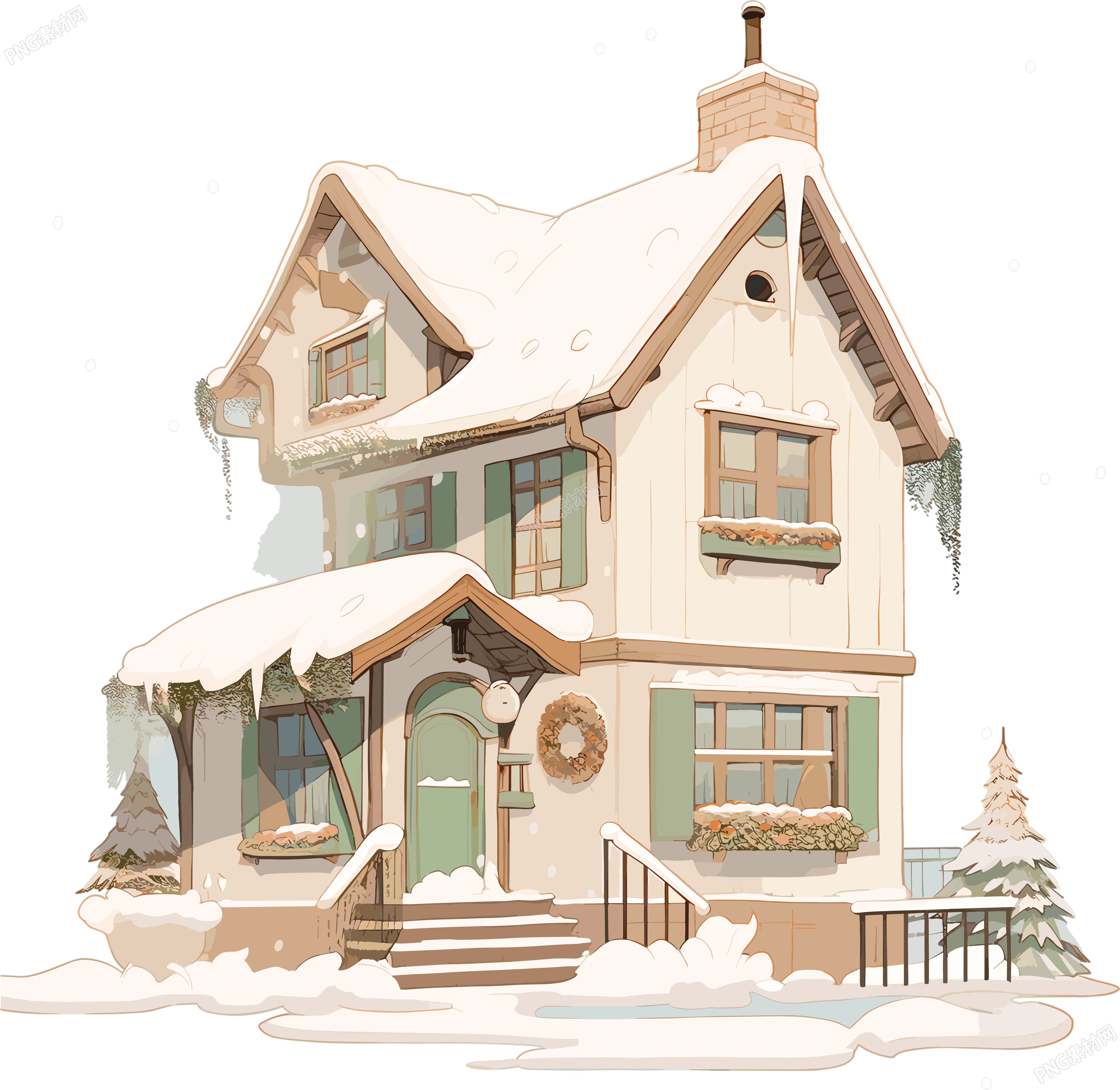 雪地小屋2D平面商业插画
