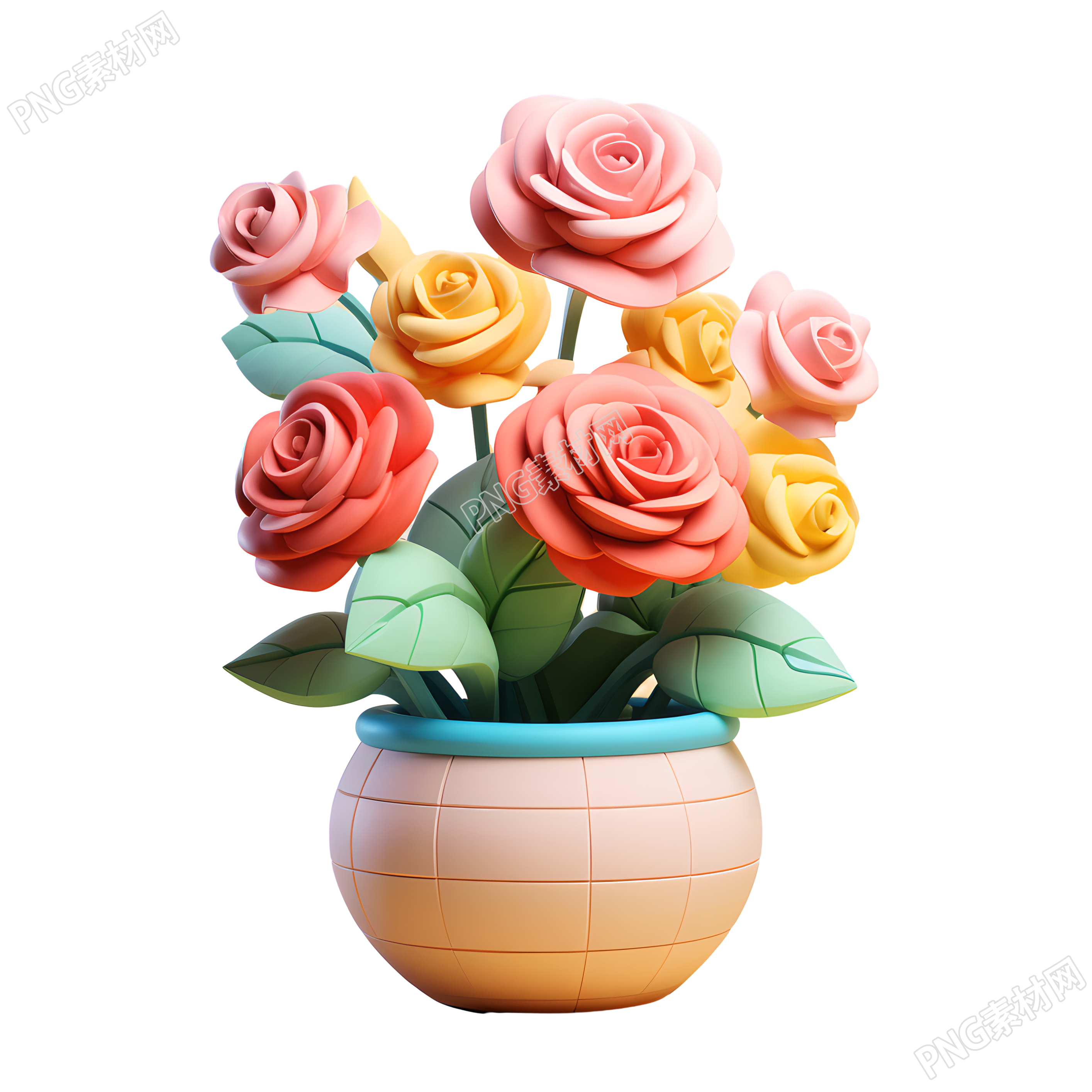 3D玫瑰花盆透明背景插图