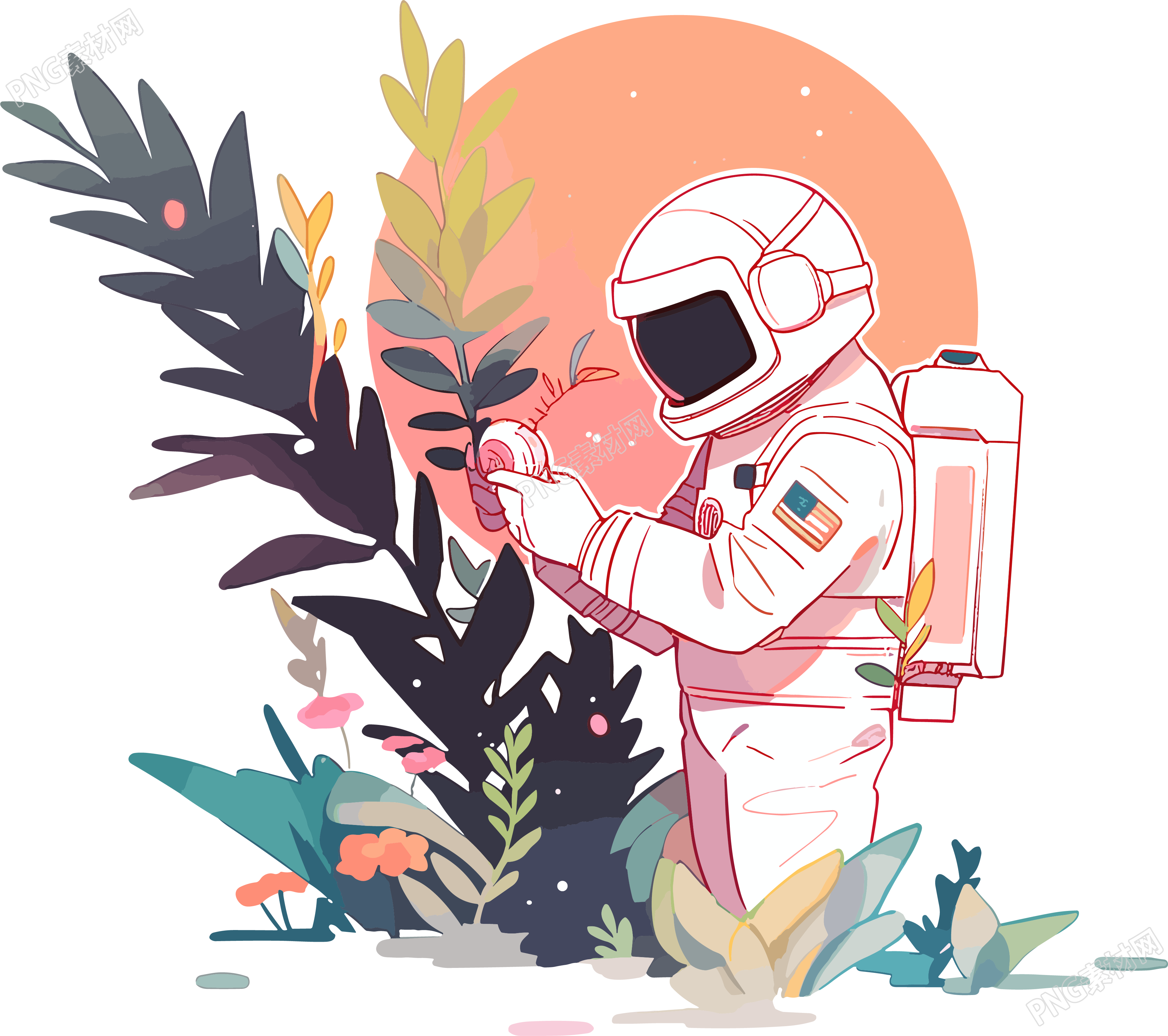 宇航员和植物透明背景插图