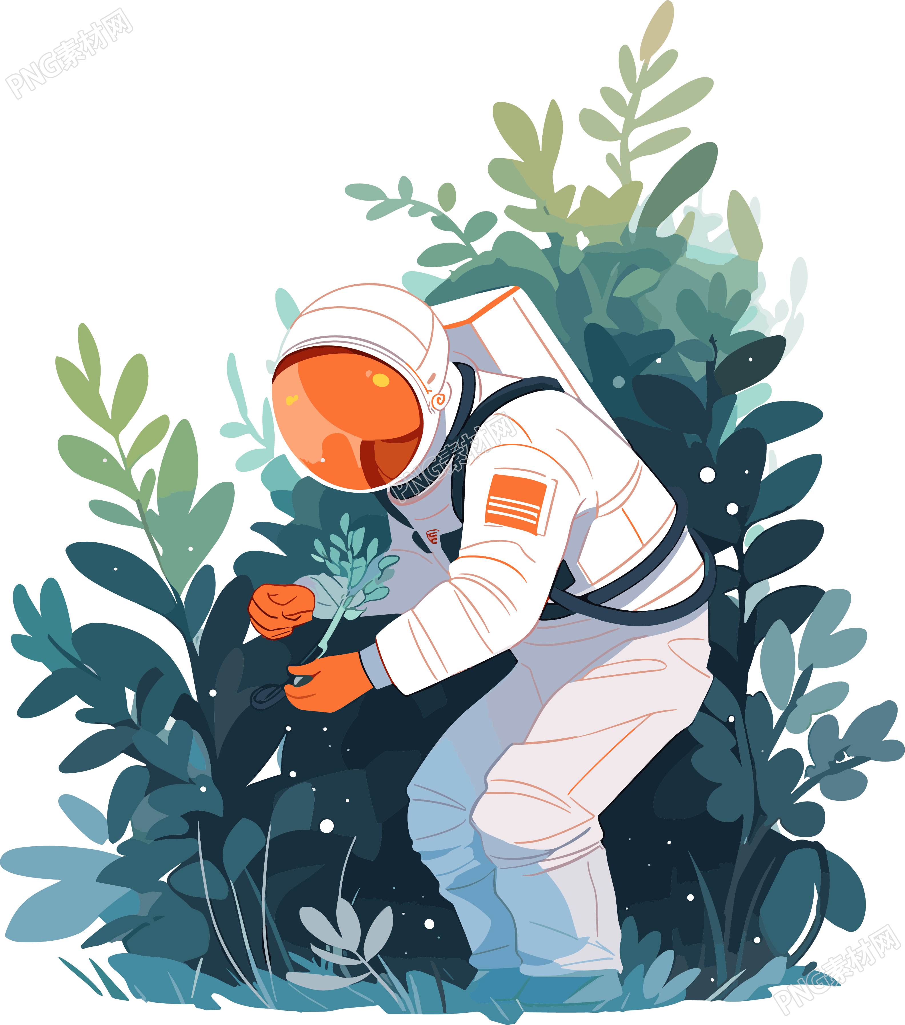 宇航员和植物明亮清爽2D图形插画