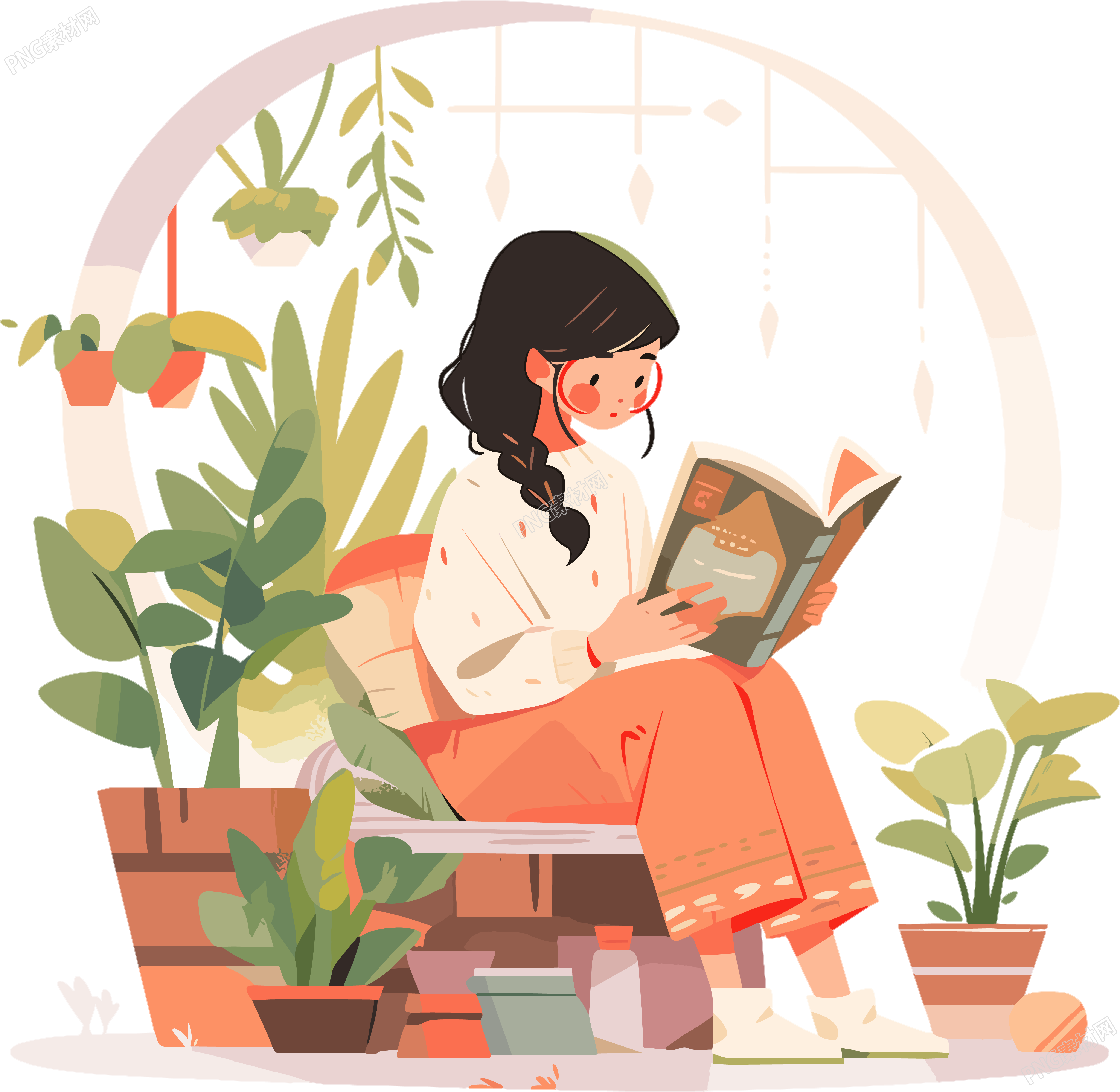 阅读女孩2D平面商业插图