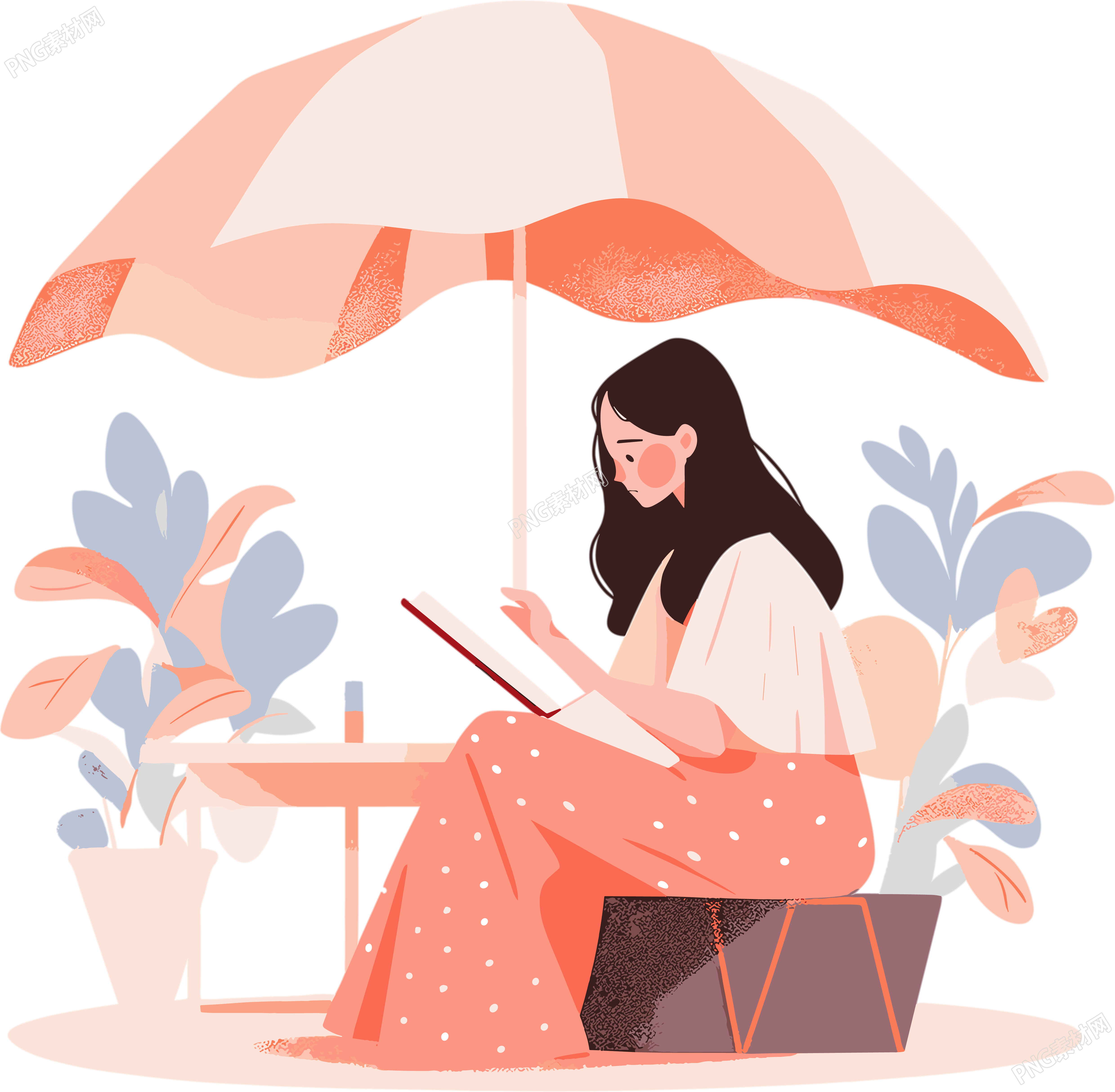 阅读女孩2D平面插图