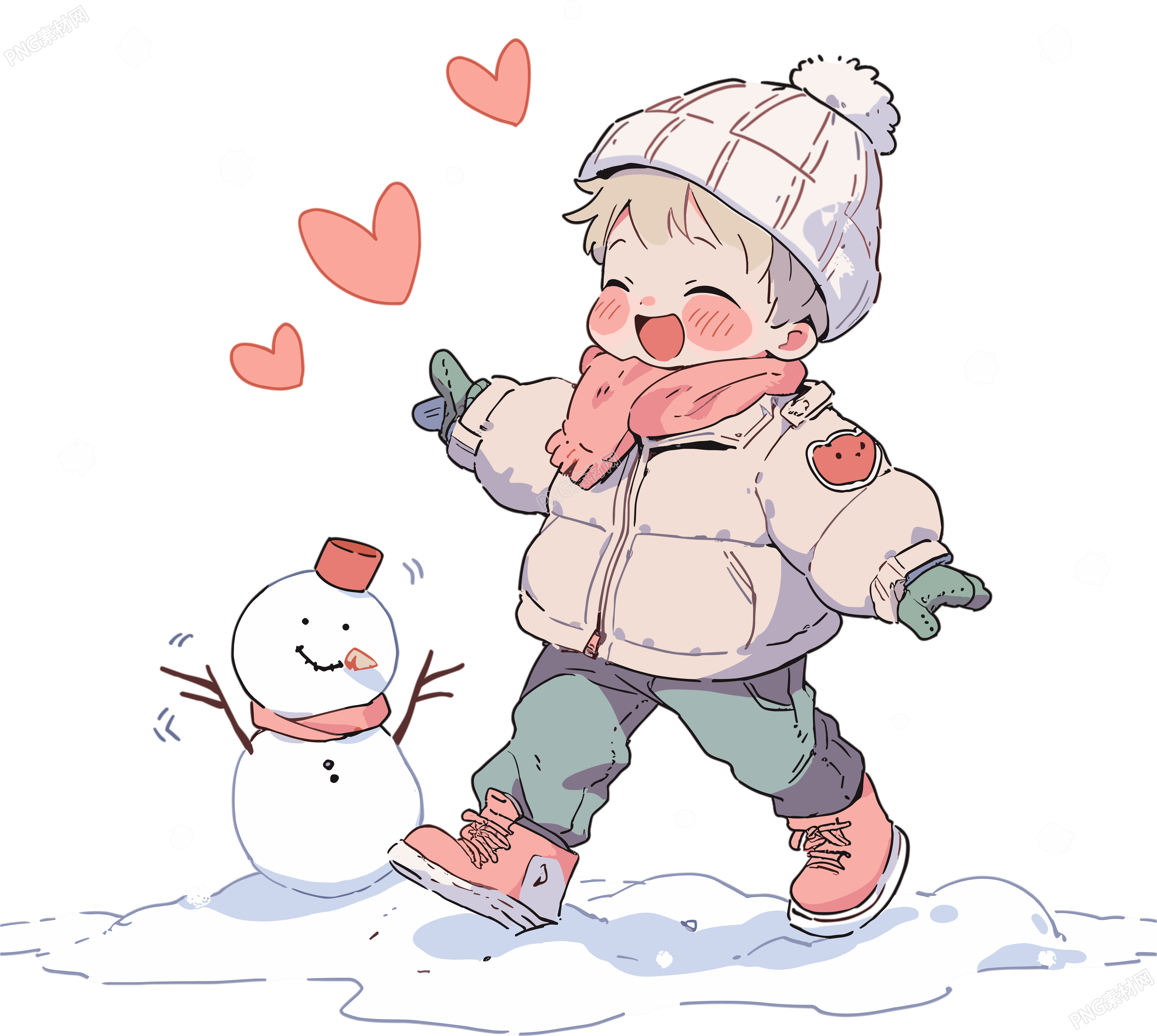 堆雪人的小男孩欢快插画