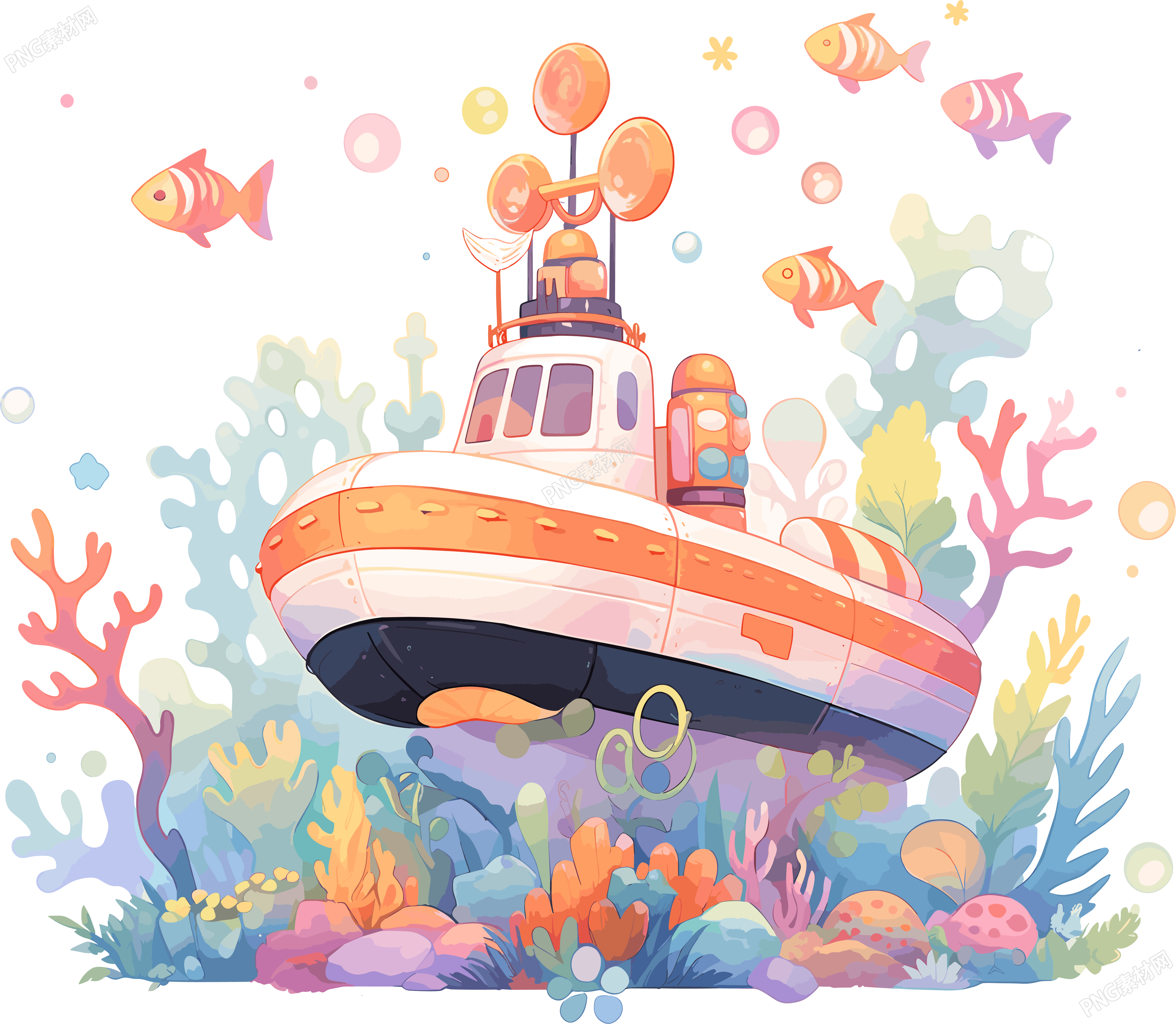潜水艇珊瑚插画设计素材