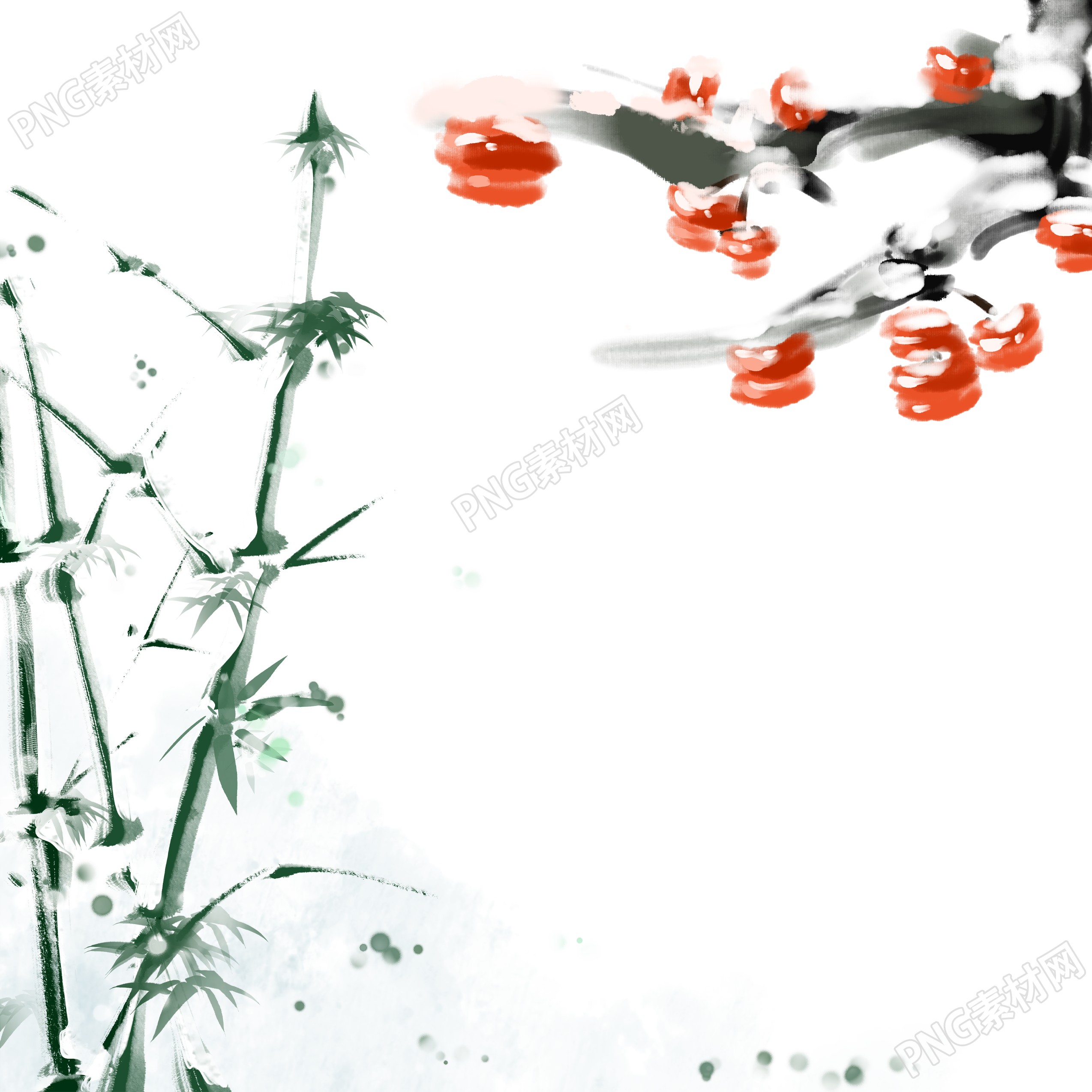 小寒节气落雪的竹子柿子插图