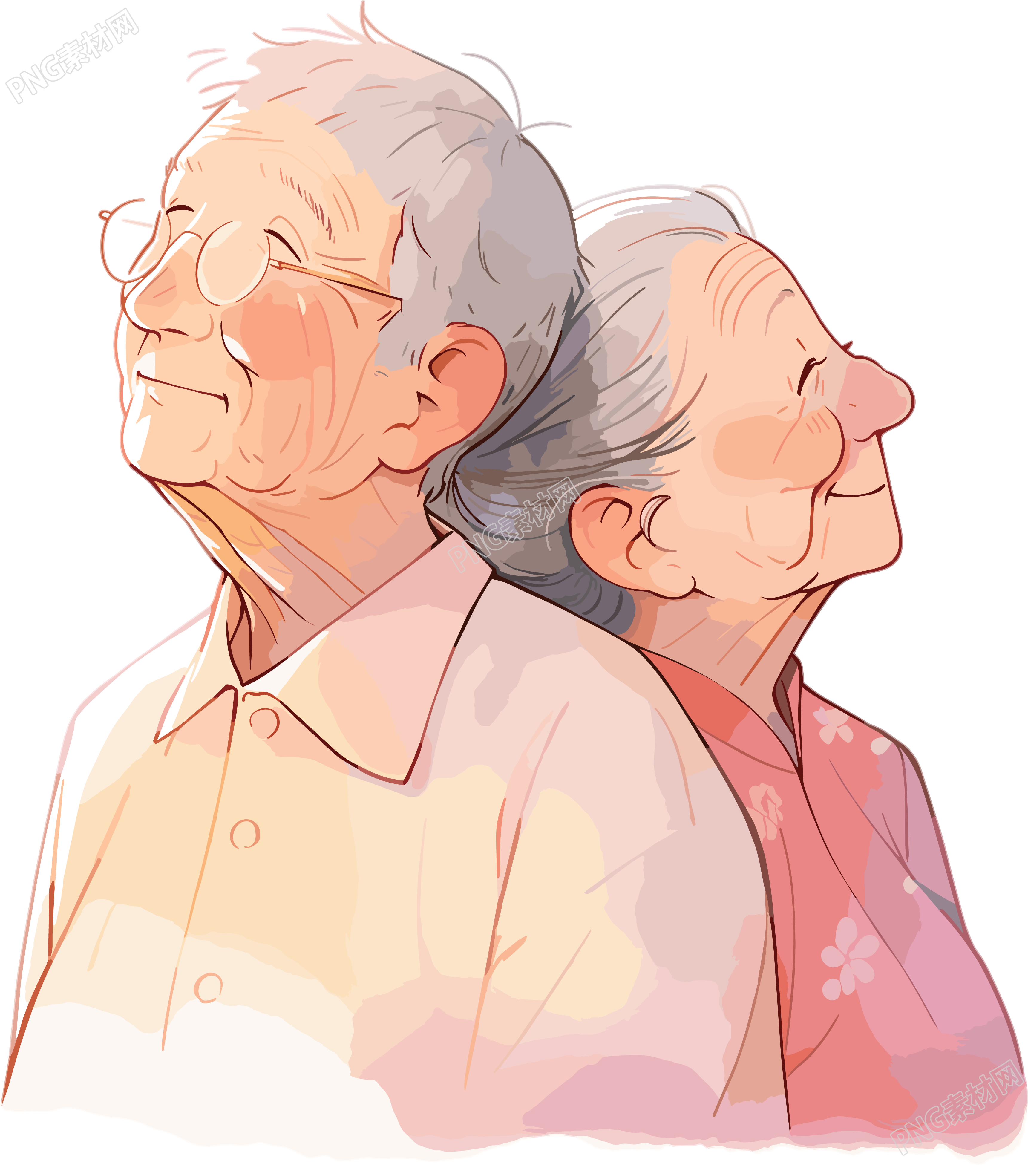 亚洲老夫妇简约插画