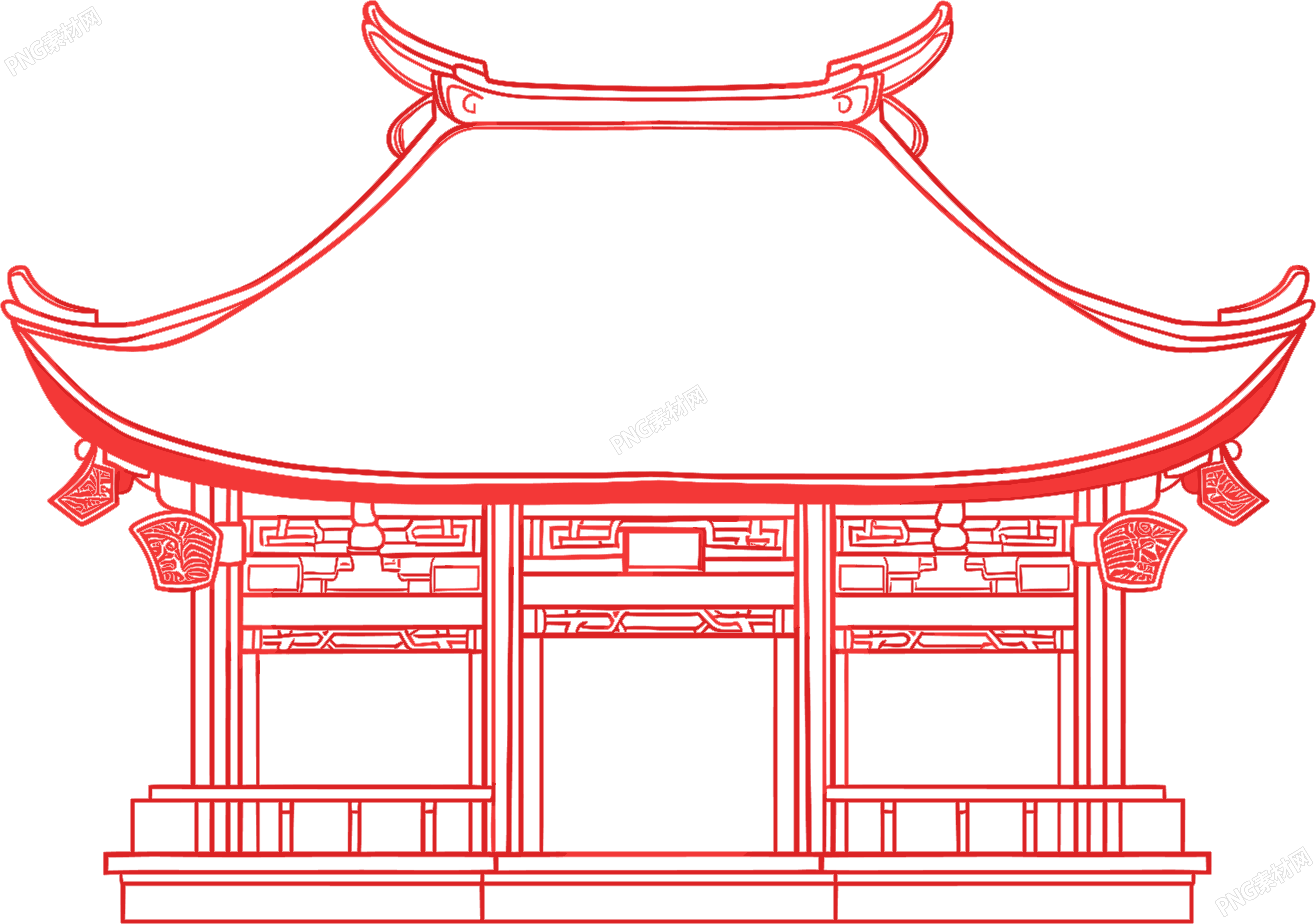 国风阁楼红色线描素材