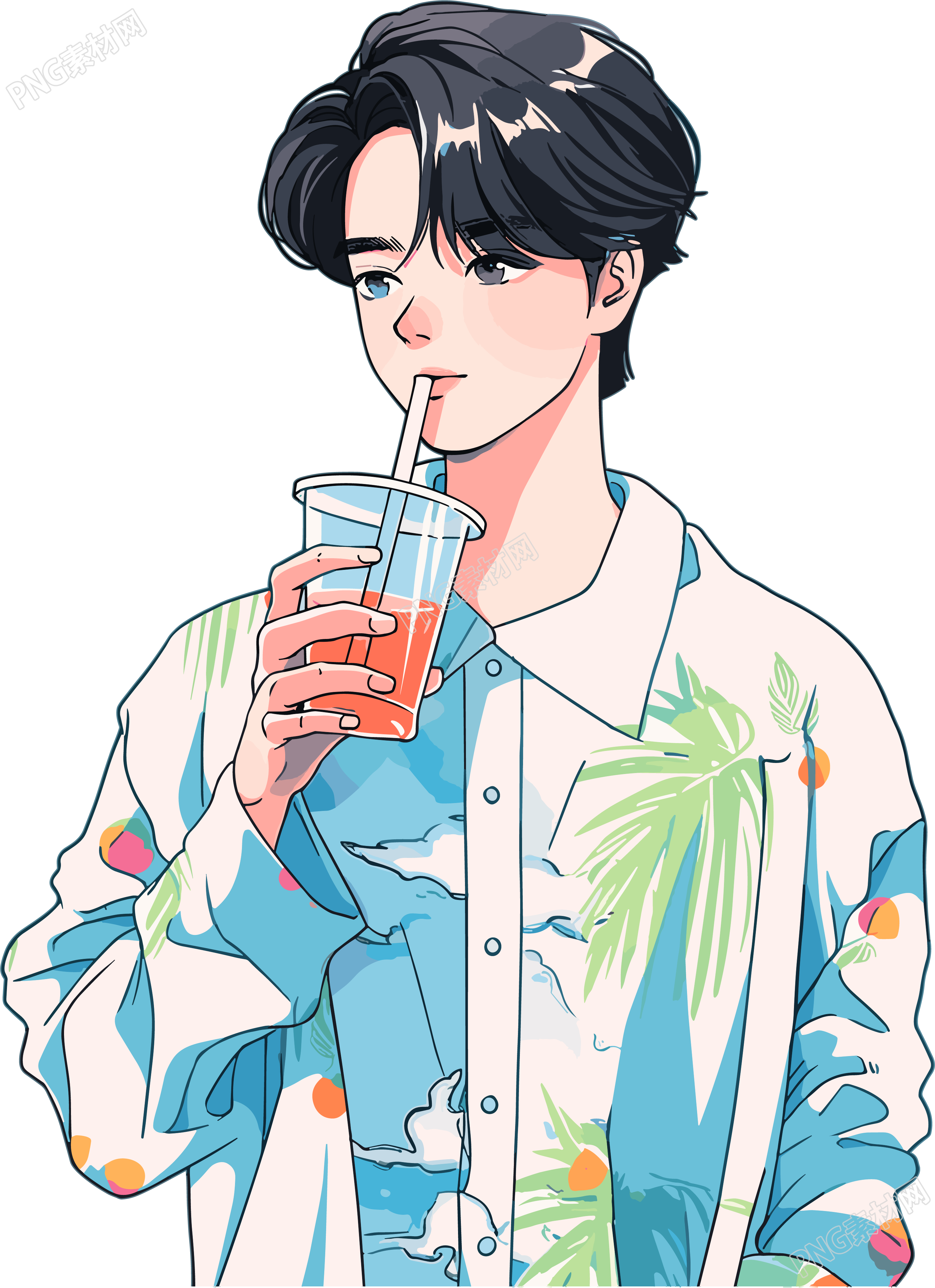 拿水杯的男生插画设计素材
