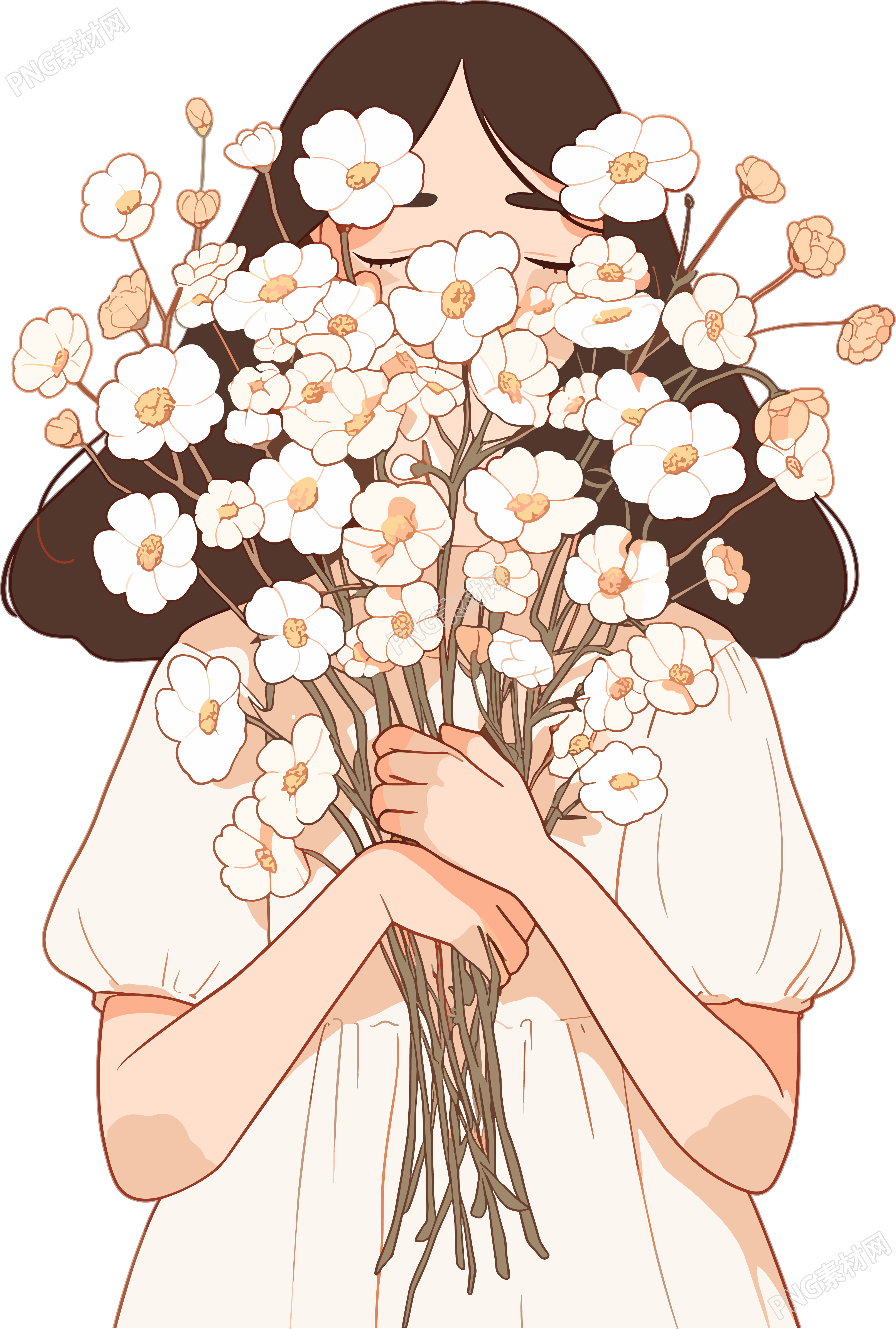 抱着花的女生高清插画素材