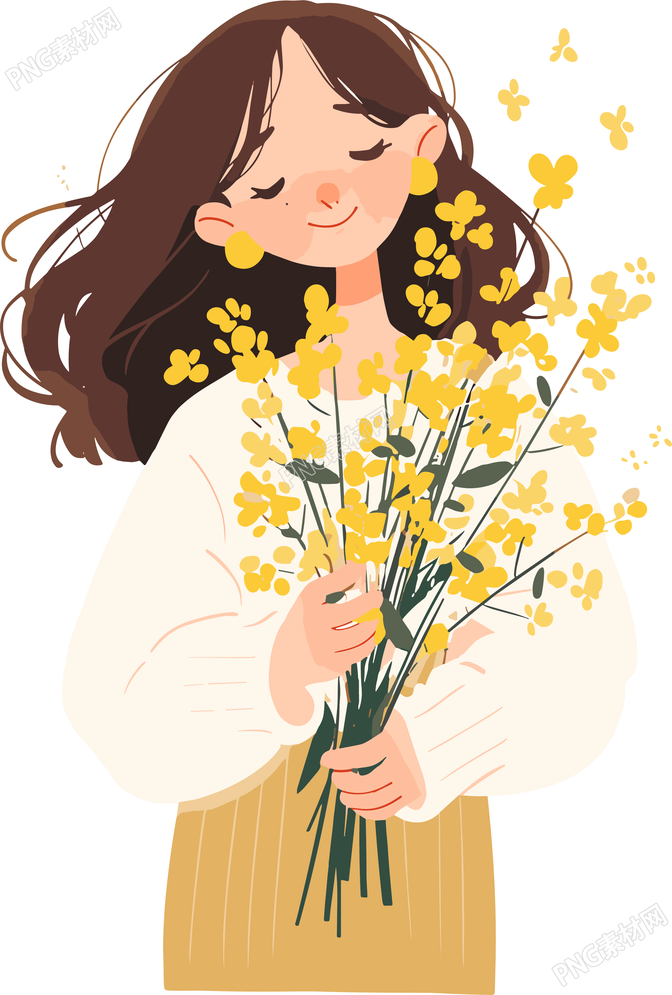 抱着花的女生插画素材