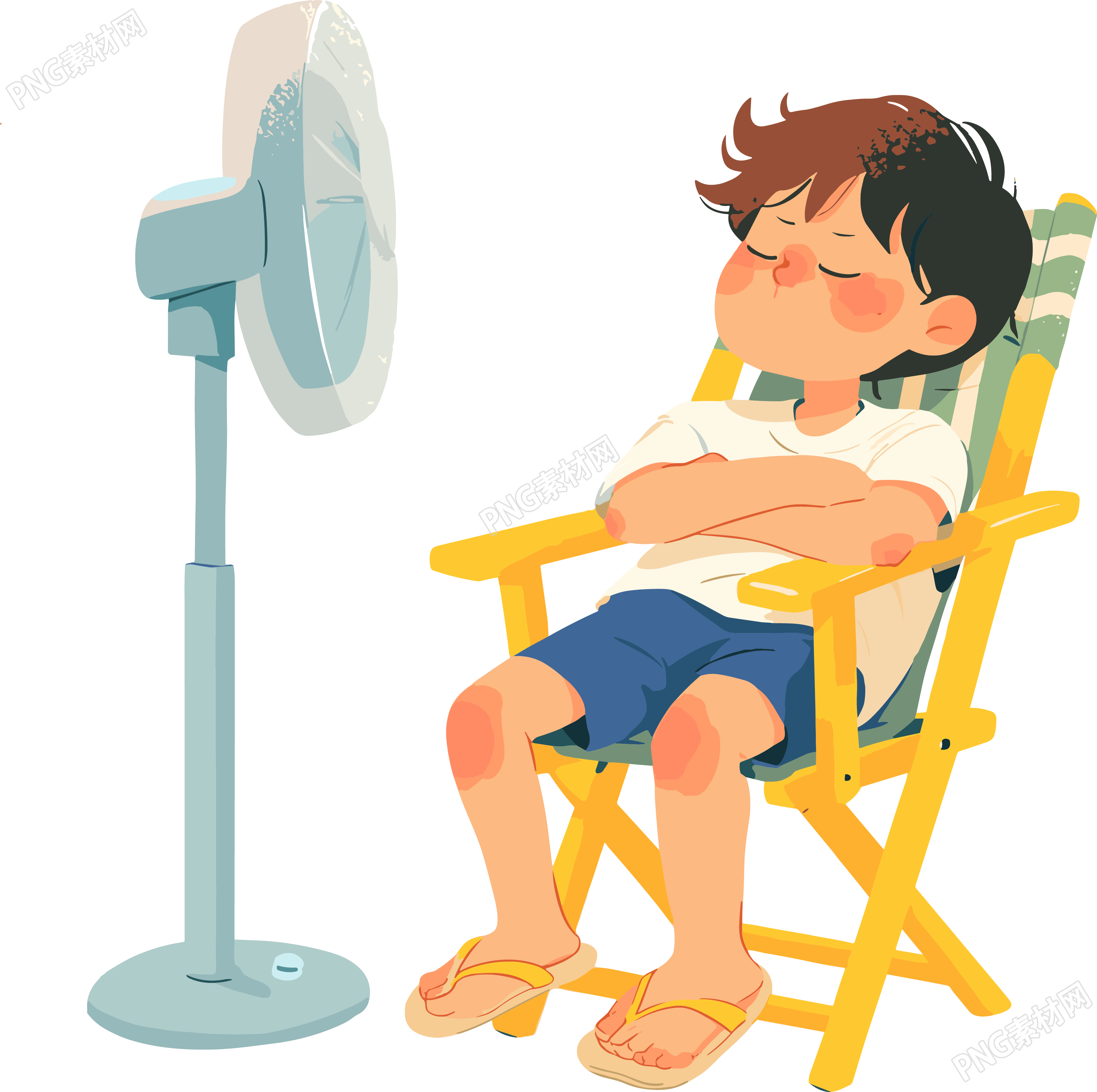 夏日吹风扇的男孩插画