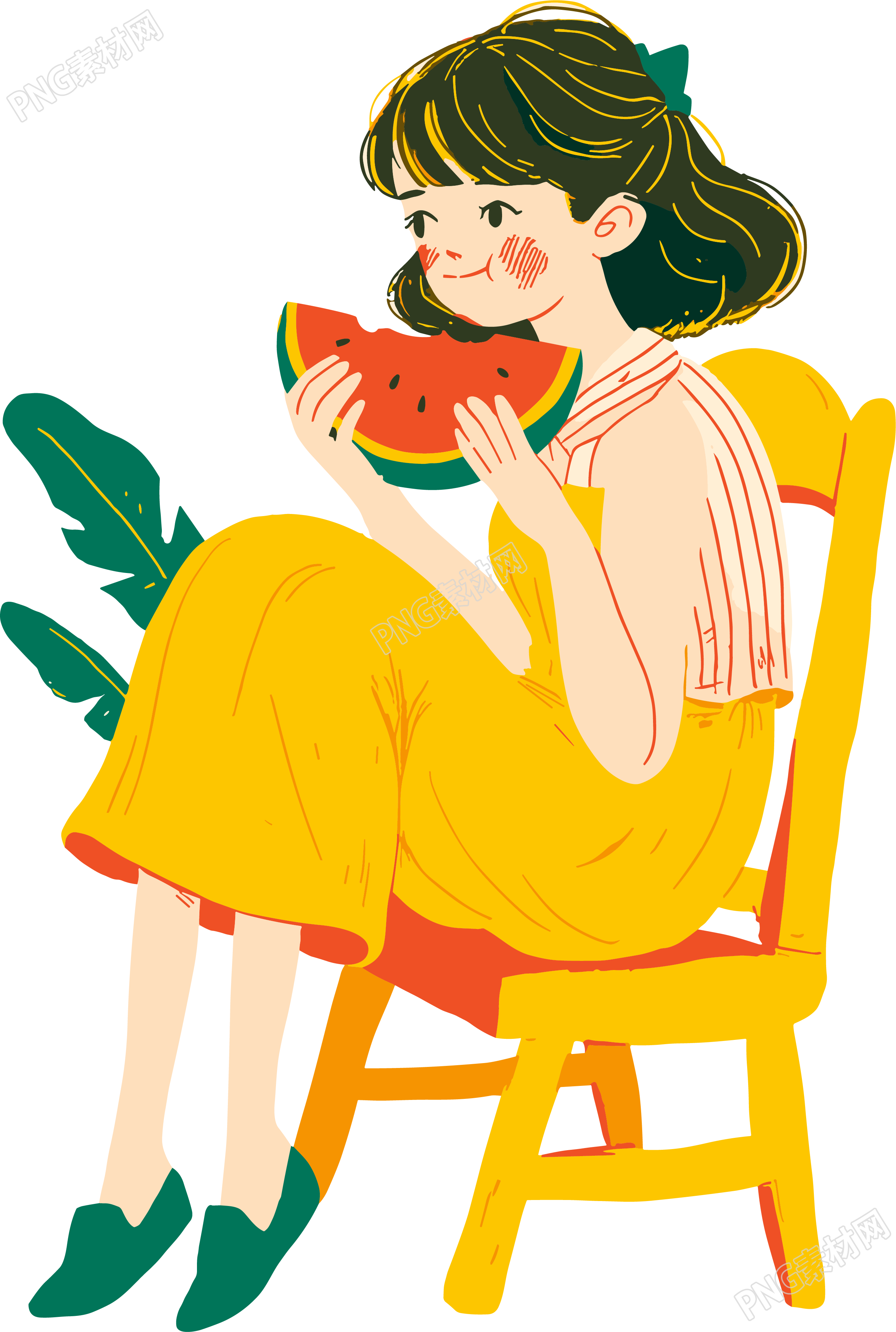 吃西瓜的少女平面插画