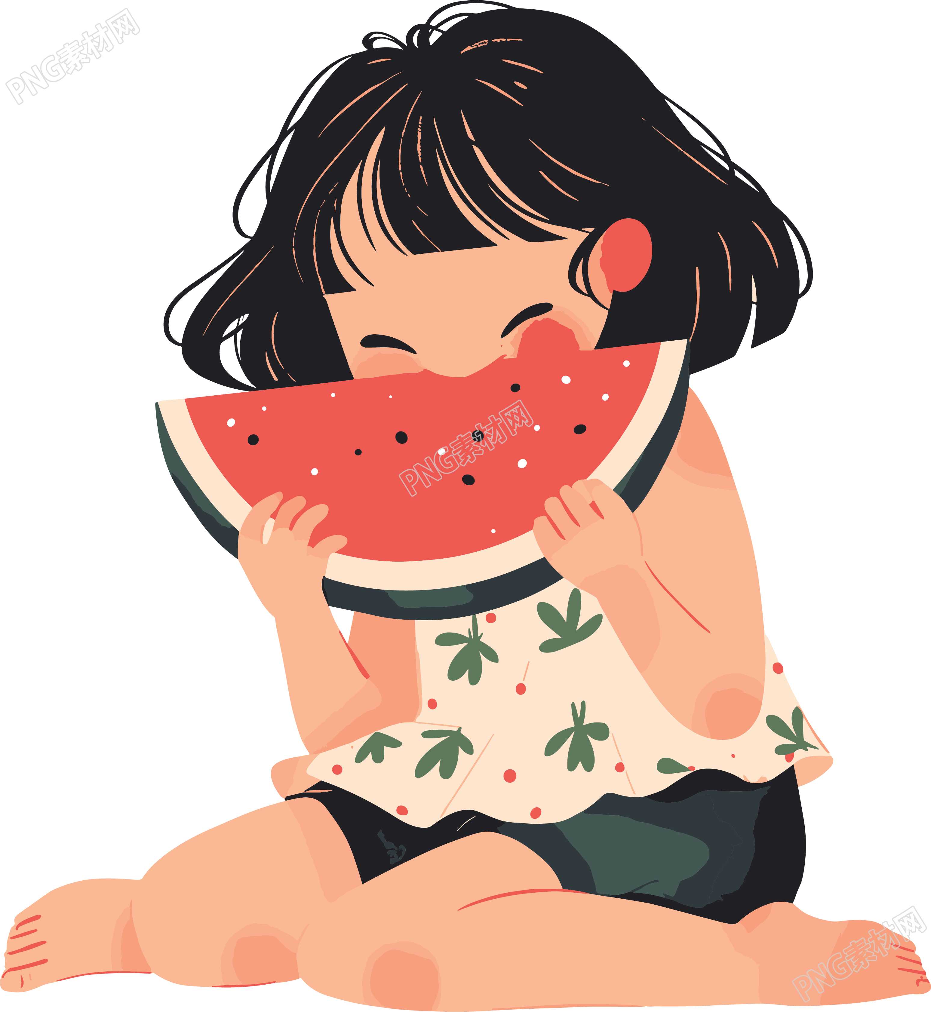 女孩吃西瓜可爱插画