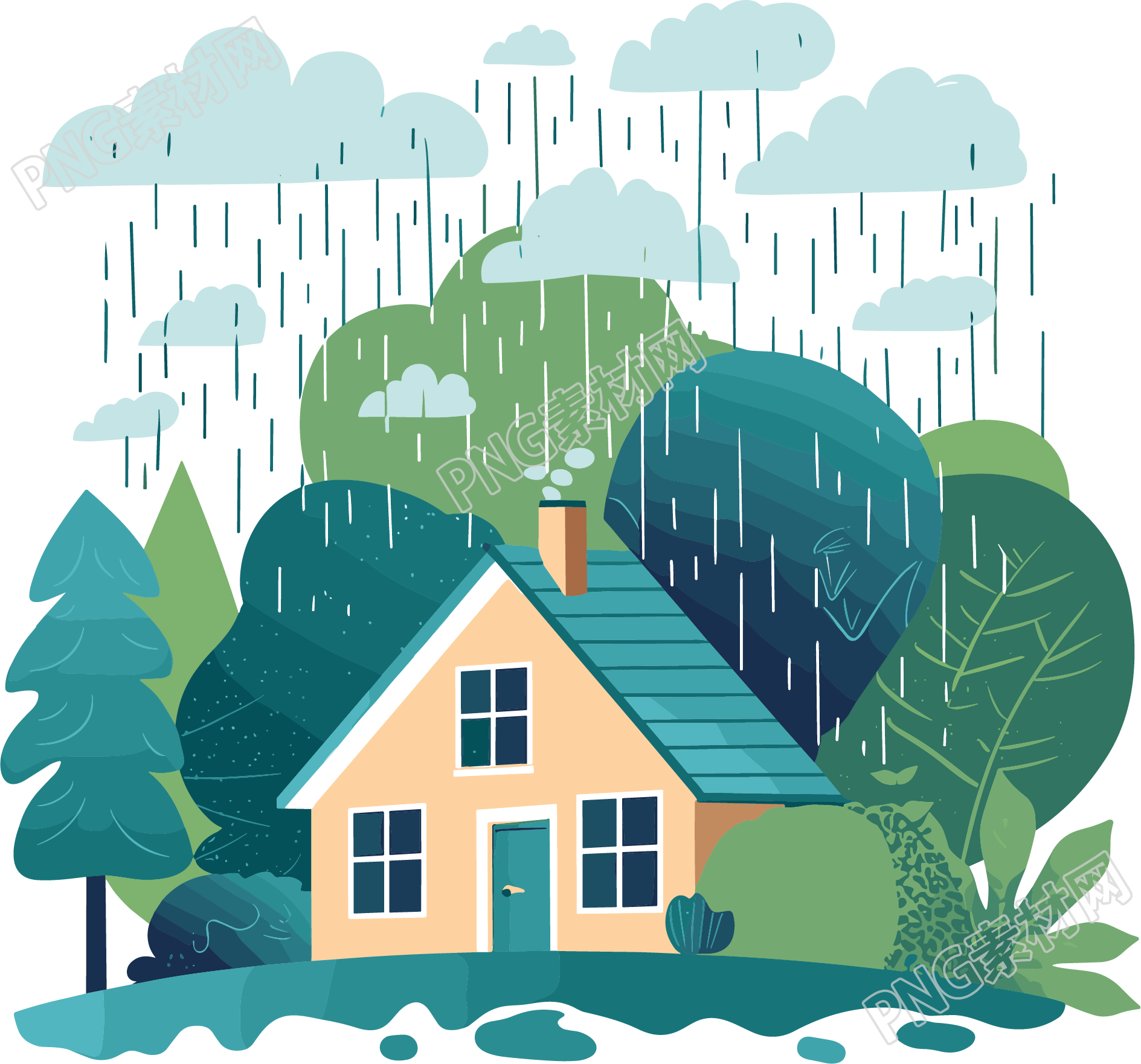 暴雨房子创意插画